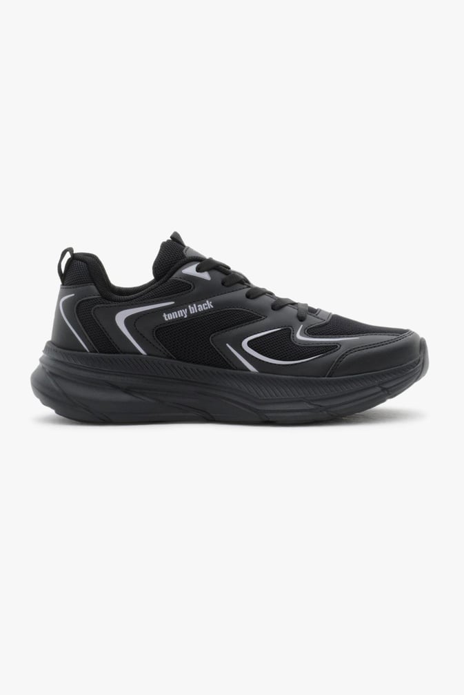 Nefes Alabilen Kumaş Faylon Taban Bağcıklı Unisex Siyah Spor Ayakkabı TBALS015