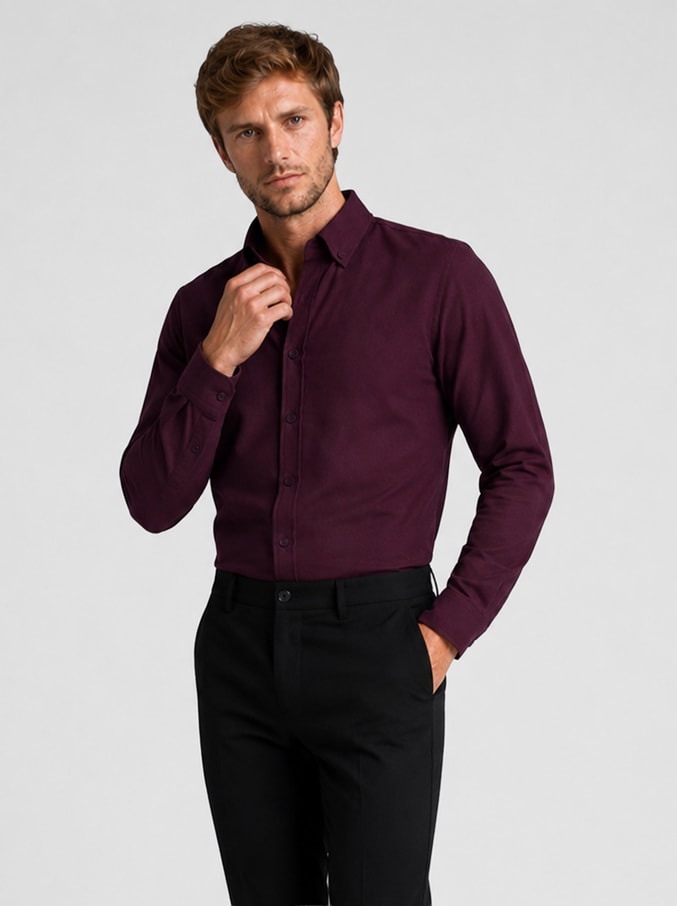 EtikmenKoyu Bordo Yaka Düğmeli Premium Şamre Slimfit Erkek GömlekSpor Gömlek Modelleri