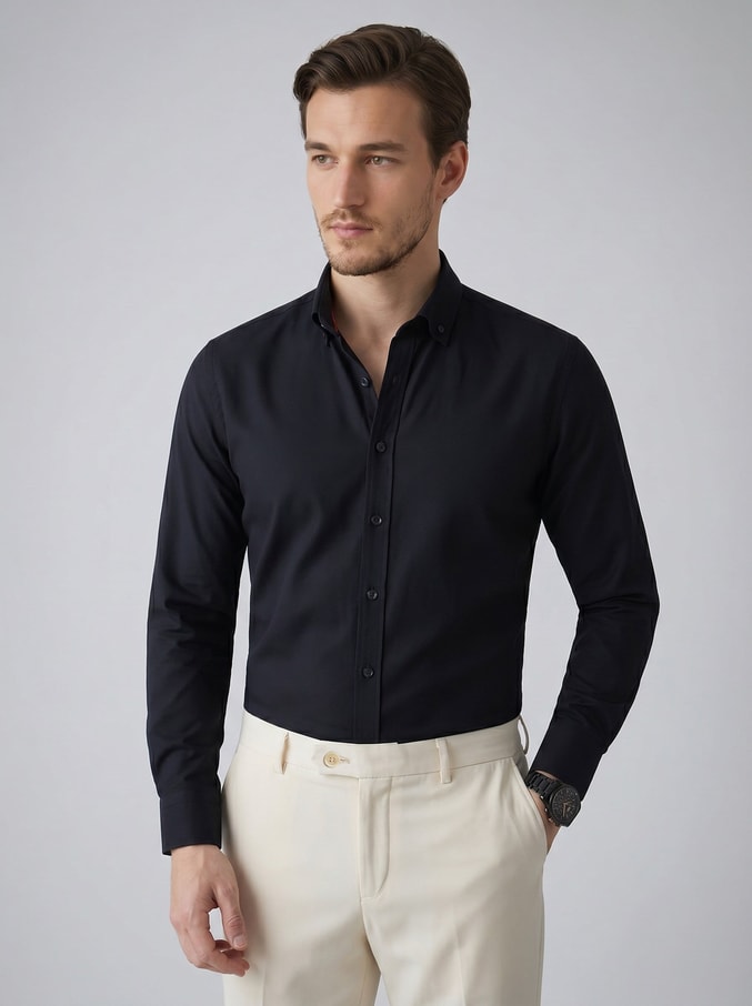 EtikmenSiyah Yaka Düğmeli Premium Şamre Slimfit Erkek GömlekSpor Gömlek Modelleri
