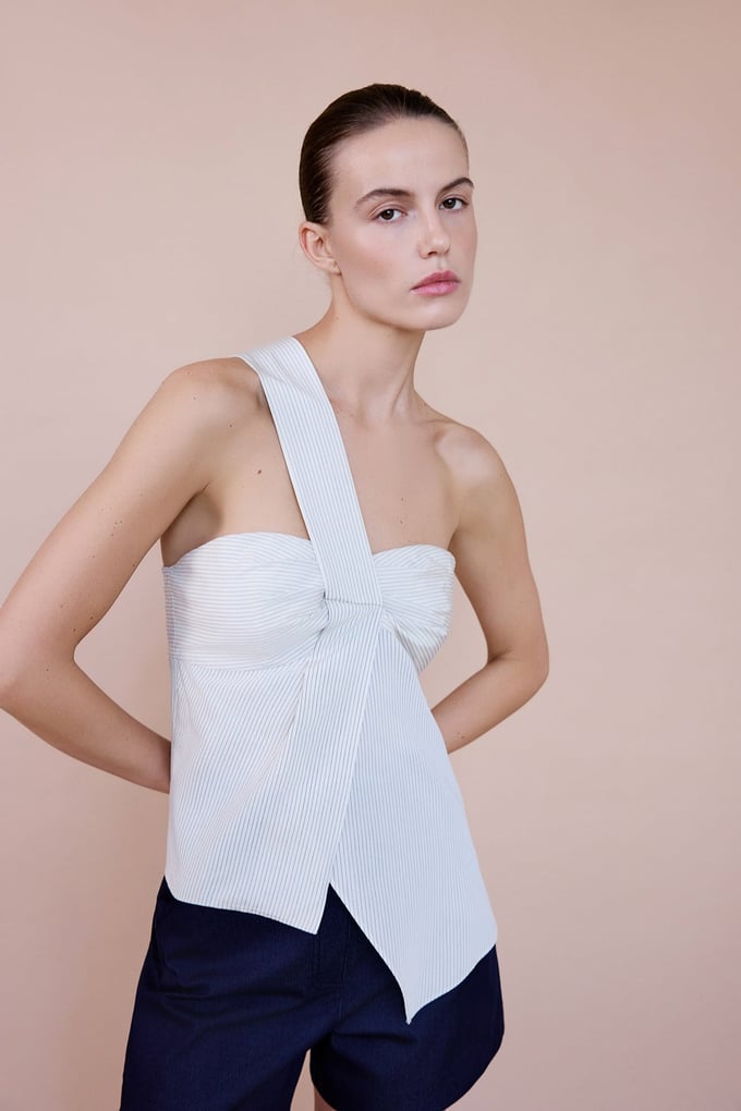 Striped One Shoulder Asymmetric Ecru Blouse