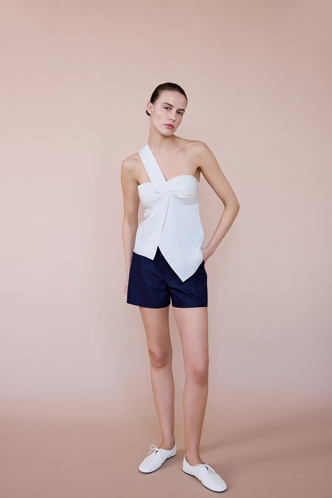Striped One Shoulder Asymmetric Ecru Blouse