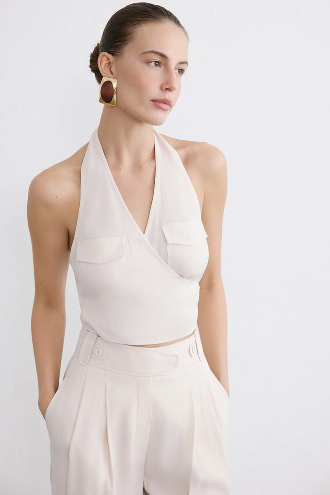 Sırt Dekolteli Kruvaze Crop Bej Bluz