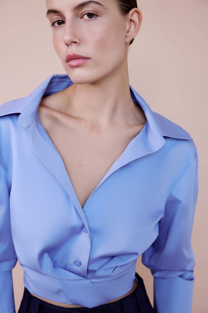 Wrap Collar Poplin Crop Blue Shirt