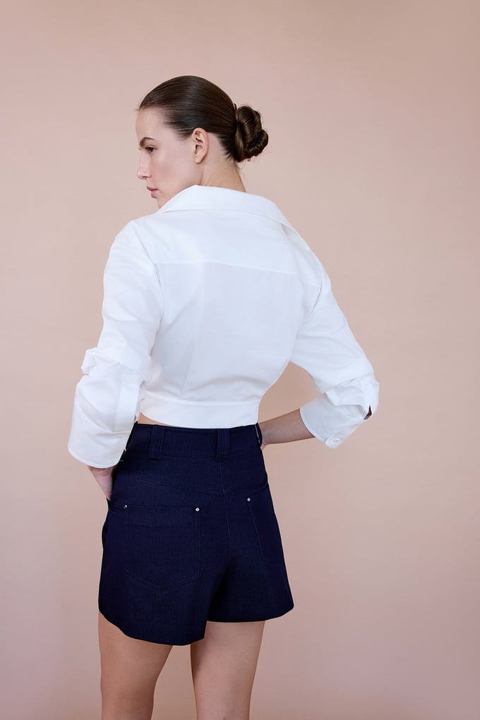 Wrap Collar Poplin Crop Ecru Shirt
