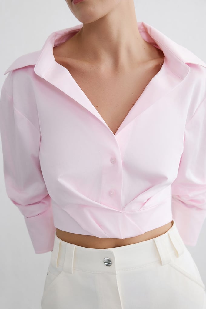 Wrap Collar Poplin Crop Pink Shirt