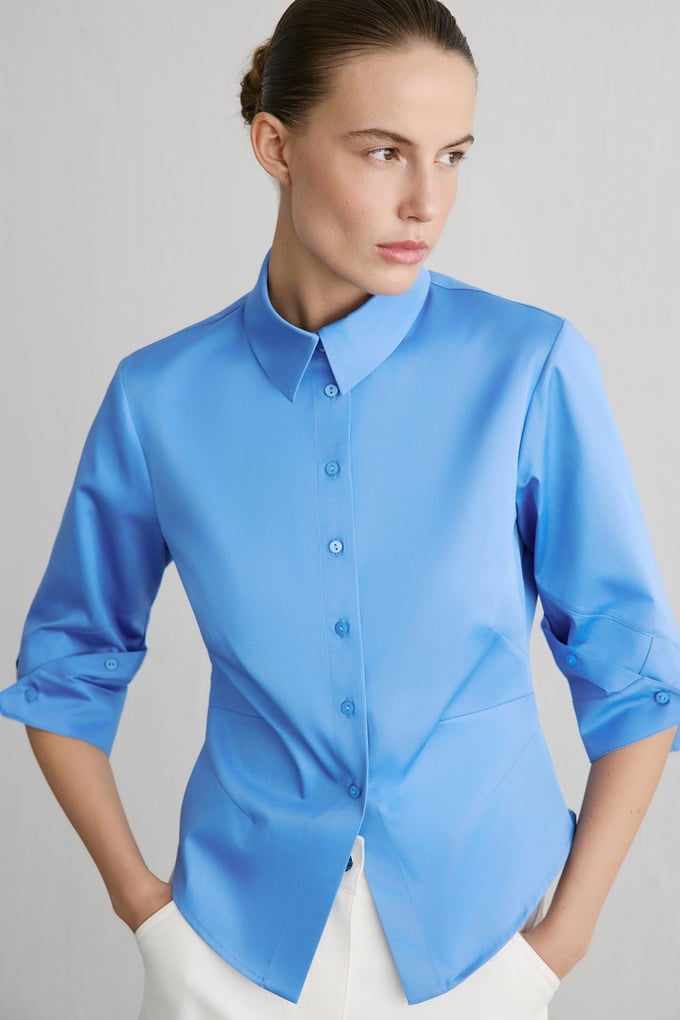 Three Quarter Sleeve Poplin Blue Shirt