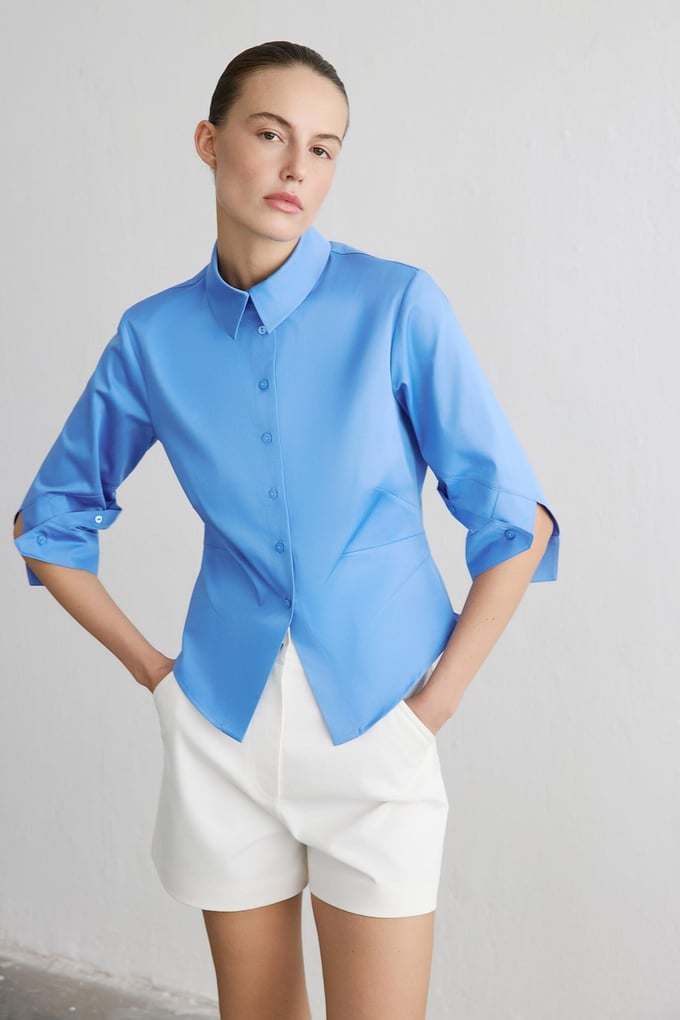 Three Quarter Sleeve Poplin Blue Shirt
