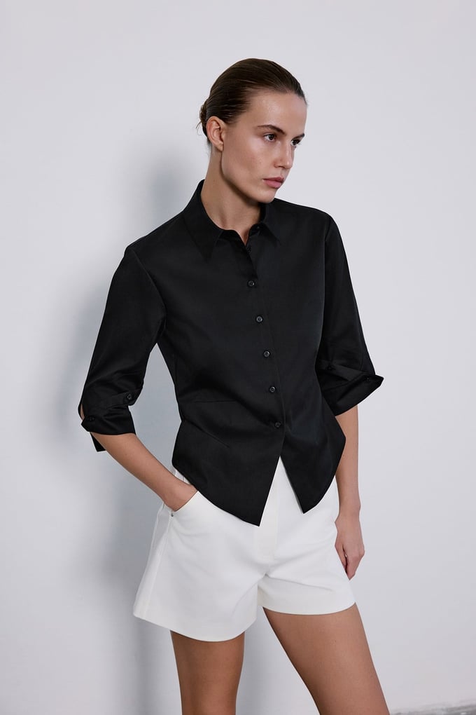 Three Quarter Sleeve Poplin Black Shirt