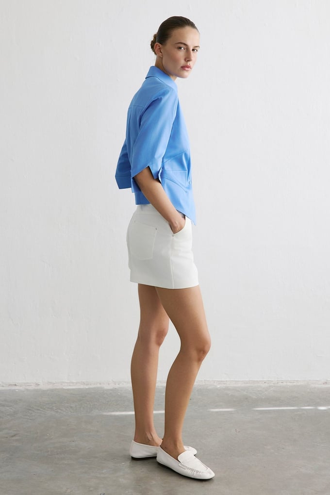 Three Quarter Sleeve Poplin Blue Shirt