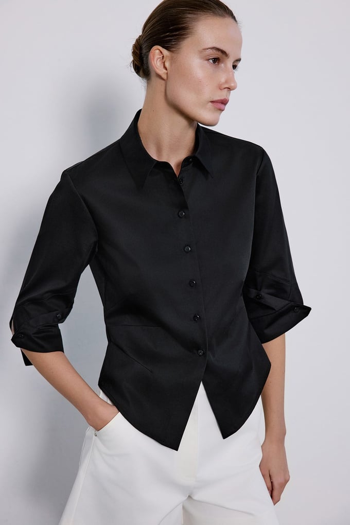 Three Quarter Sleeve Poplin Black Shirt
