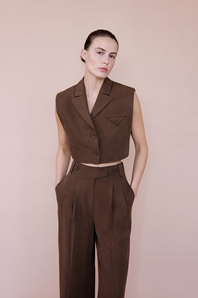 Blazer Collar Padded Crop Brown Vest