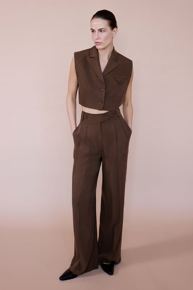 Blazer Collar Padded Crop Brown Vest