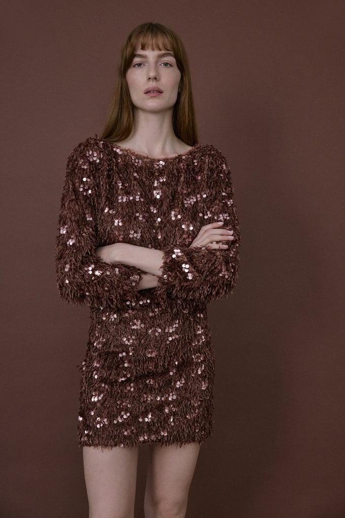 Textured Sequin Embroidered Mini Brown Skirt