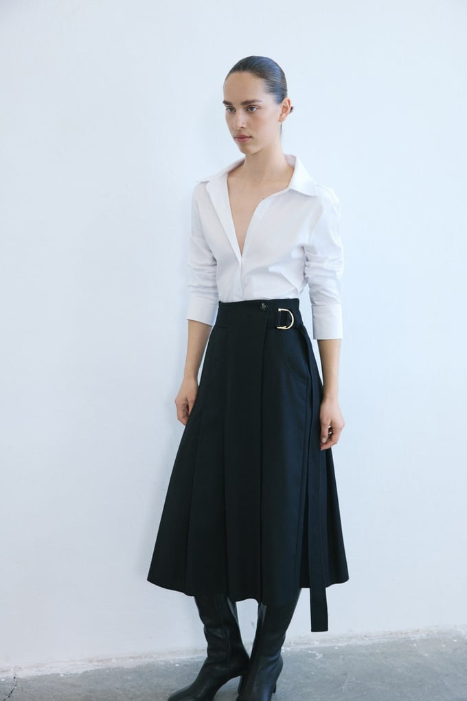 High Waist Pleated A-Line Midi Black Skirt