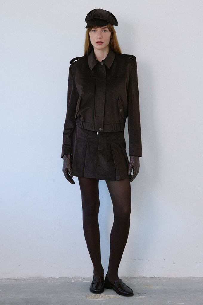 Epaulette Detail Velvet Brown Coat