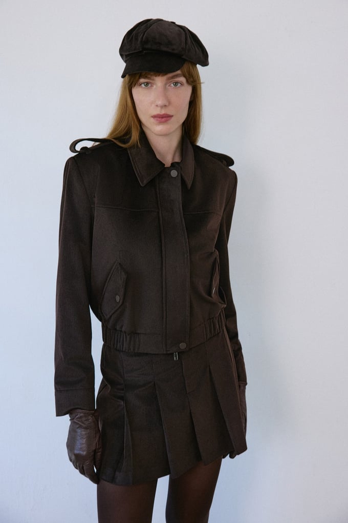 Epaulette Detail Velvet Brown Coat