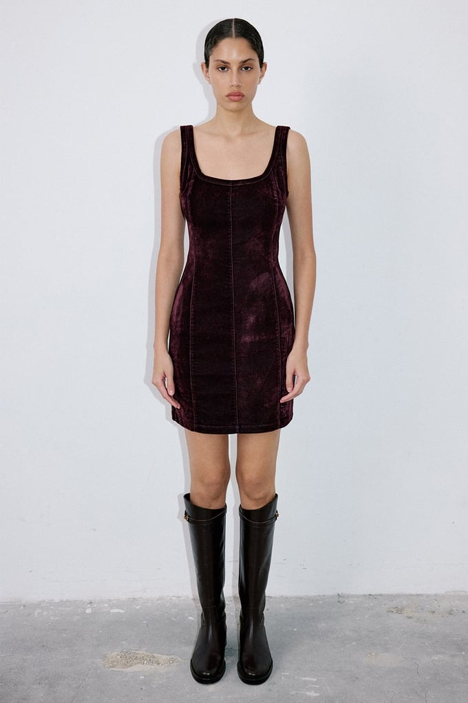 Square Neck Velvet Mini Burgundy Dress
