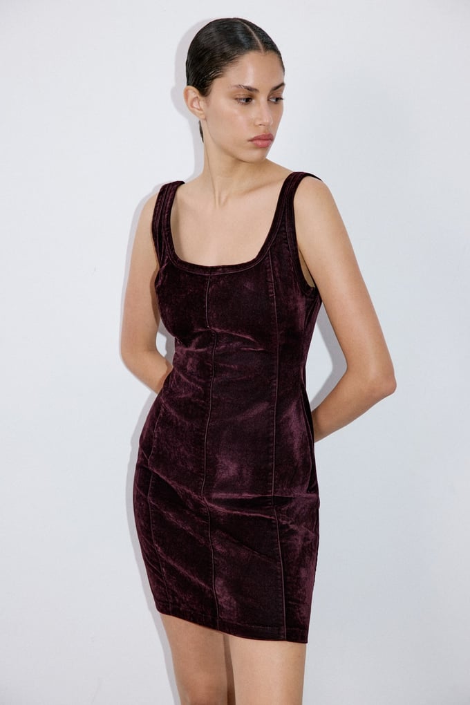 Square Neck Velvet Mini Burgundy Dress