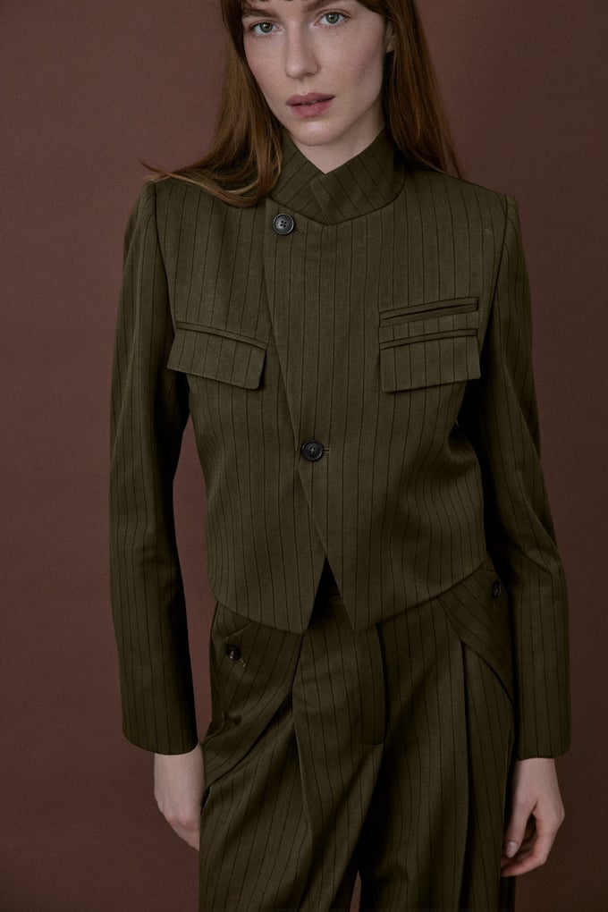 Stand Collar Padded Striped Lined Khaki Blazer