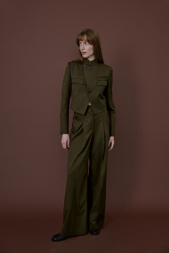 Stand Collar Padded Striped Lined Khaki Blazer