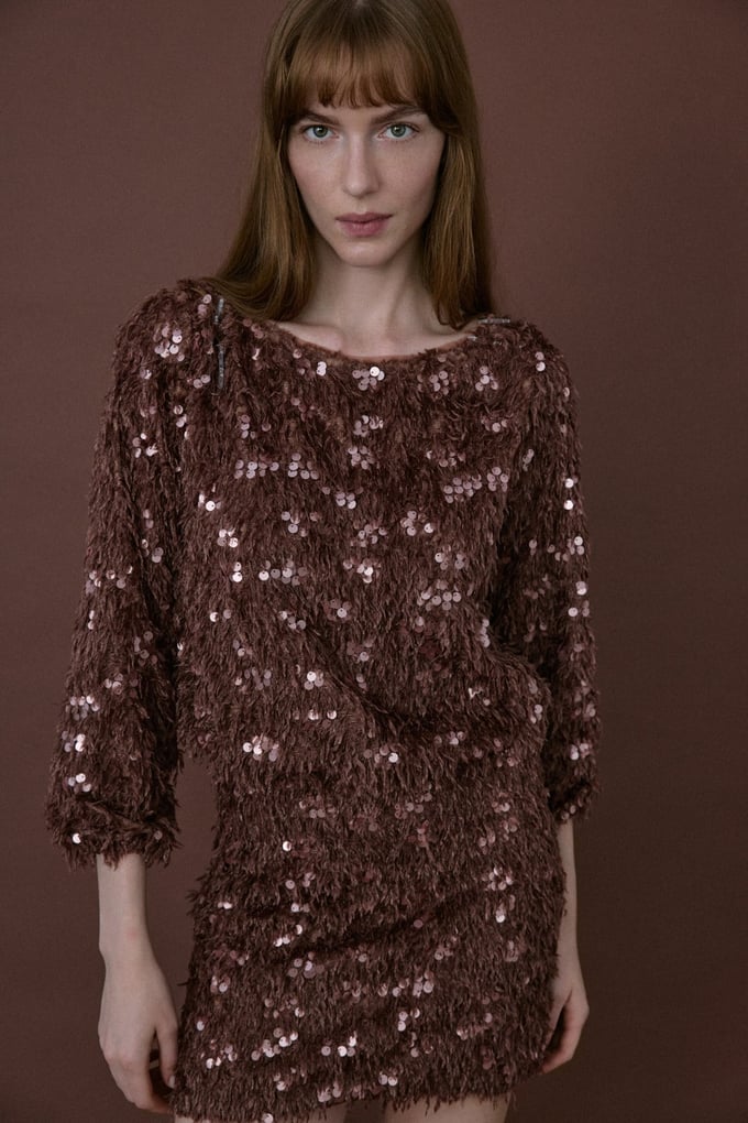 Boat Neck Sequin Embellished Brown Blouse