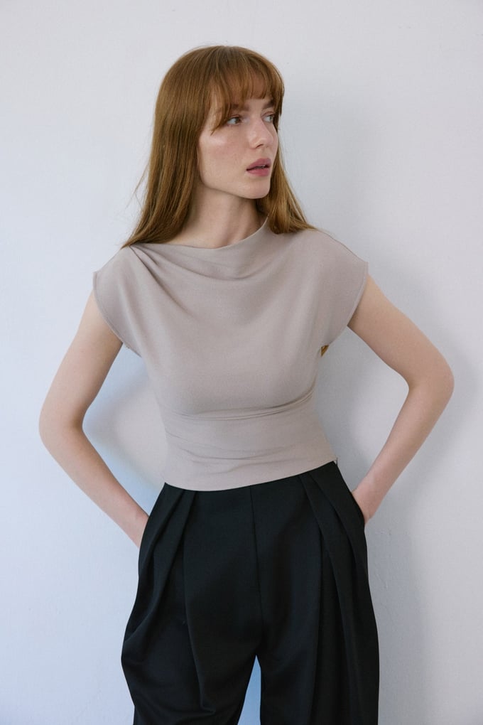 Boat Neck Short Sleeve Mink Blouse