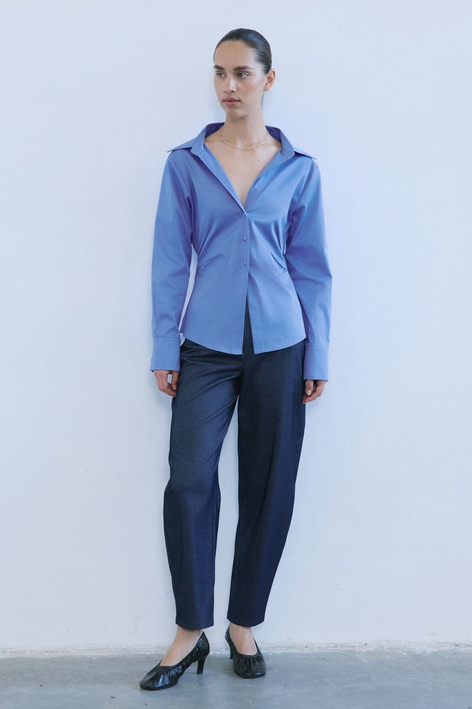 Deep V Neck Long Sleeve Asymmetric Blue Shirt