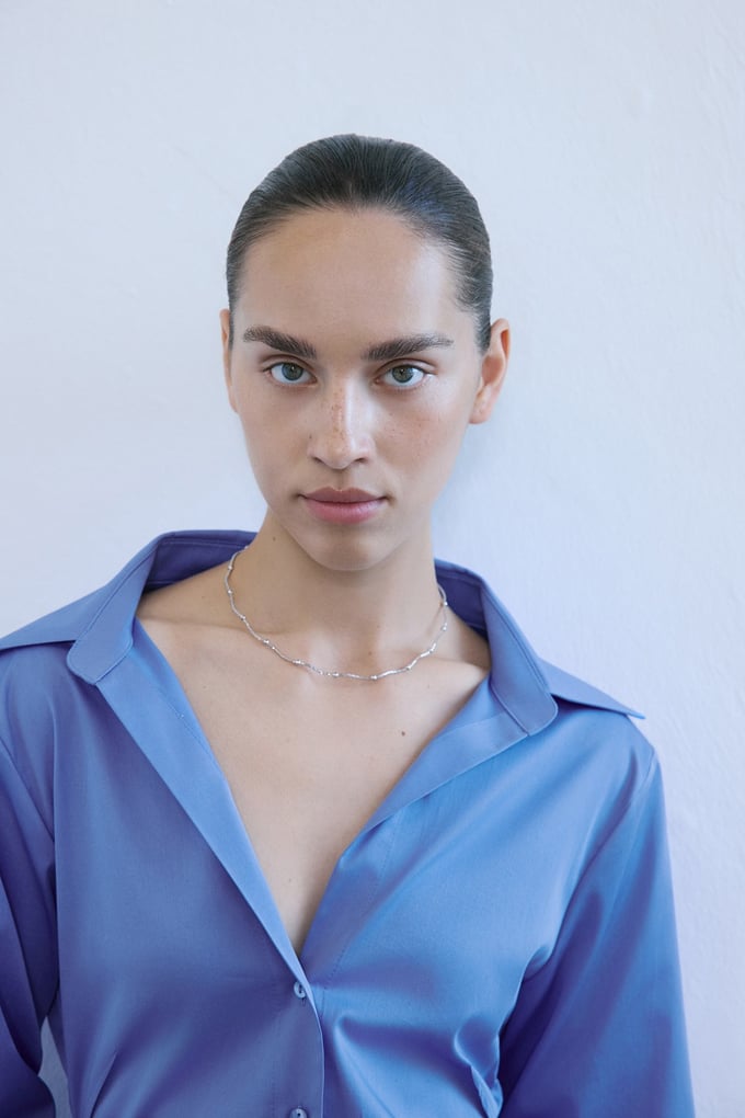 Deep V Neck Long Sleeve Asymmetric Blue Shirt