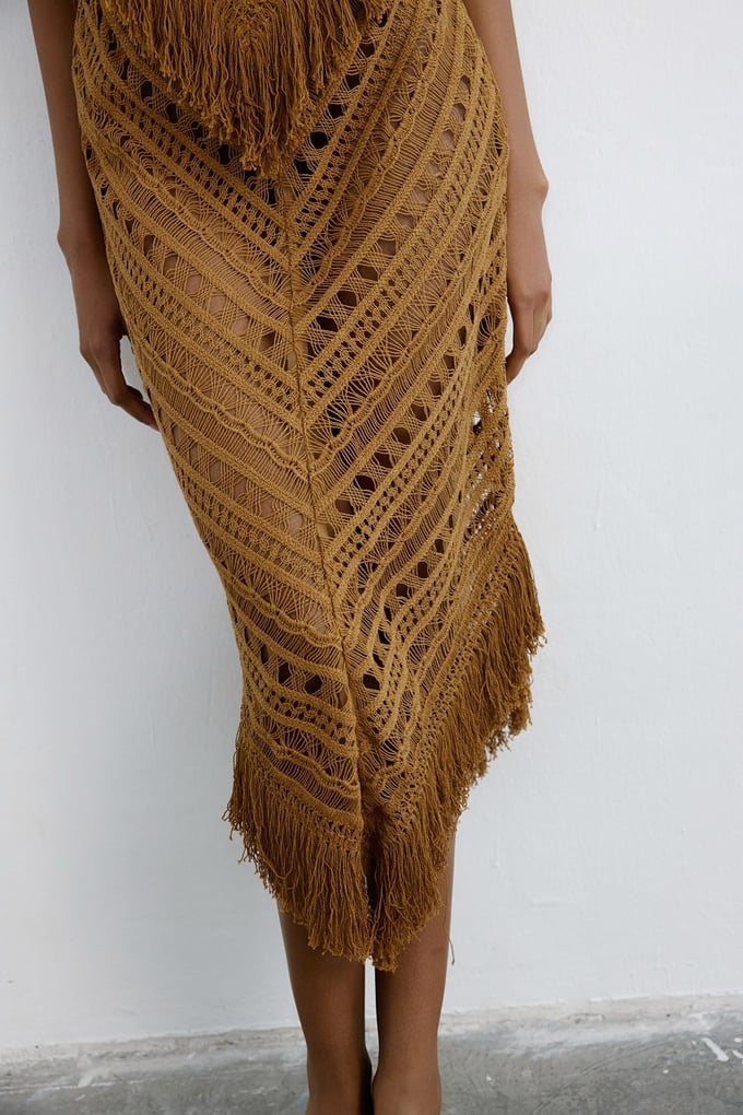 Yüksek Bel Saçaklı Midi Camel Etek