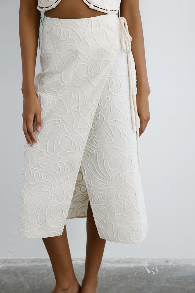 Kordon Bağlamalı Midi Ekru Etek
