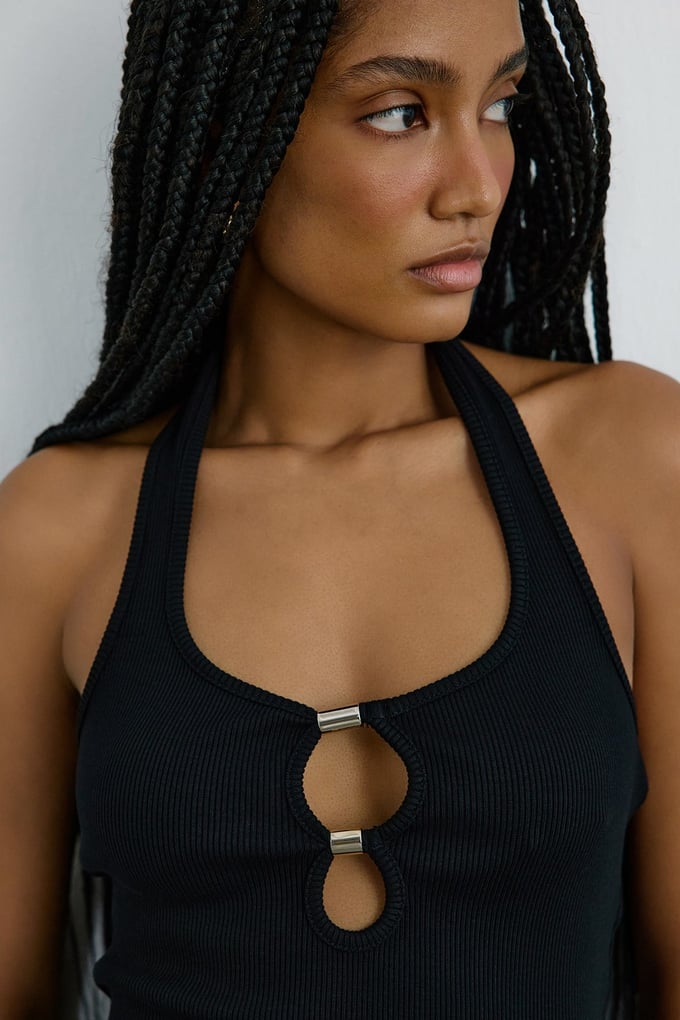 Knitted Accessory Detailed Black Mini Dress
