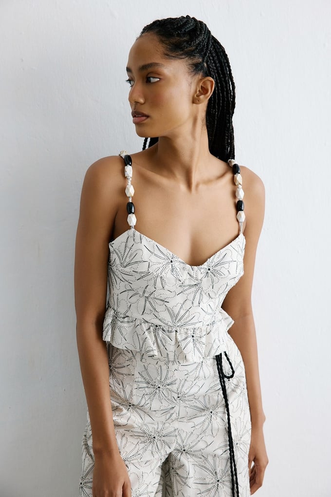 Heart Neck Embroidered Crop Ecru Blouse