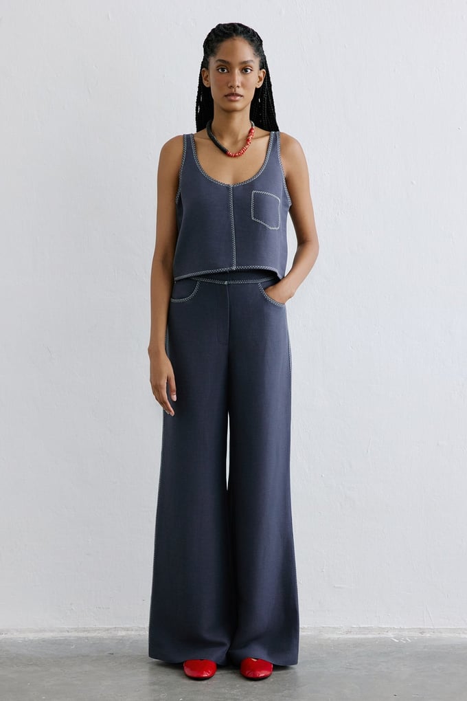 Linen Blend Cropped Indigo Blouse