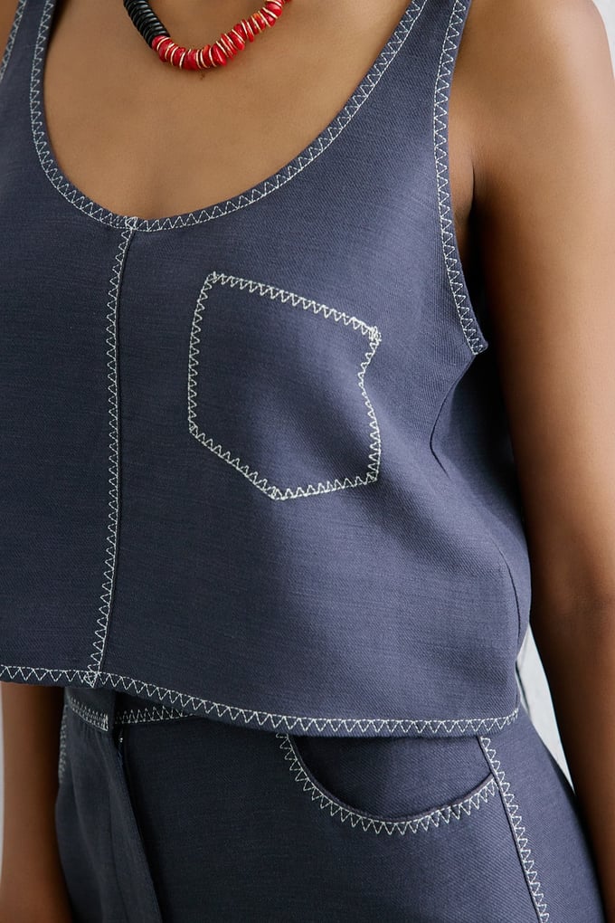 Linen Blend Cropped Indigo Blouse