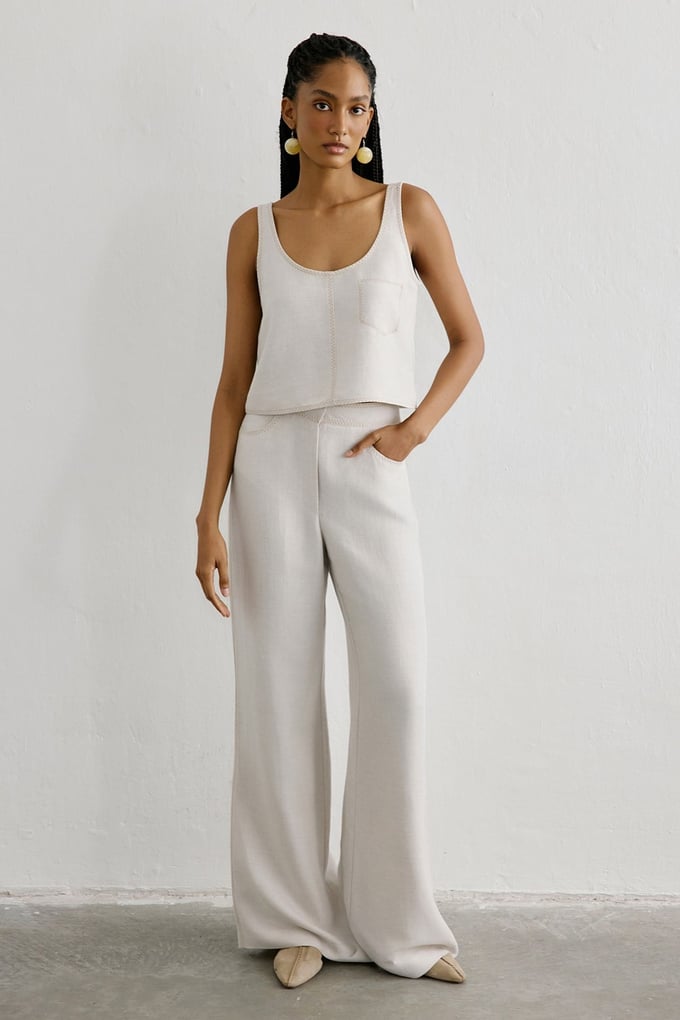 Keten Karışımlı Crop Bej Bluz