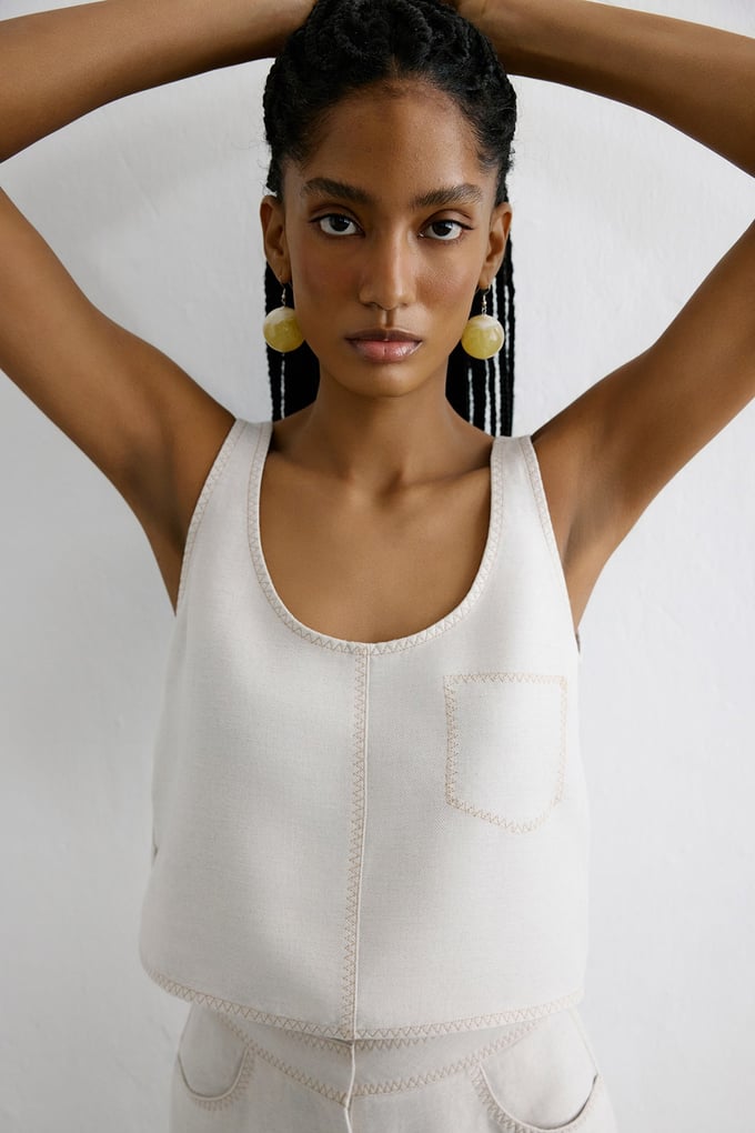 Keten Karışımlı Crop Bej Bluz
