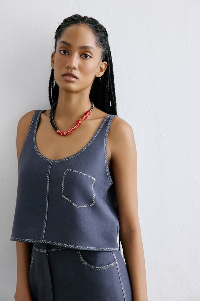 Linen Blend Cropped Indigo Blouse