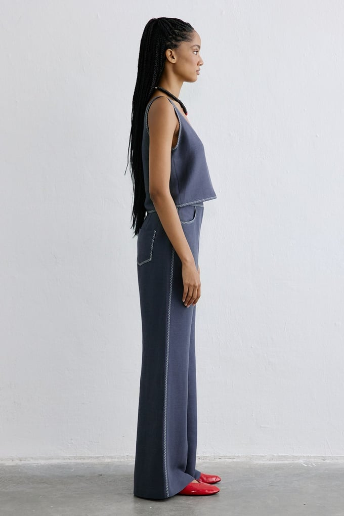 Linen Blend Cropped Indigo Blouse