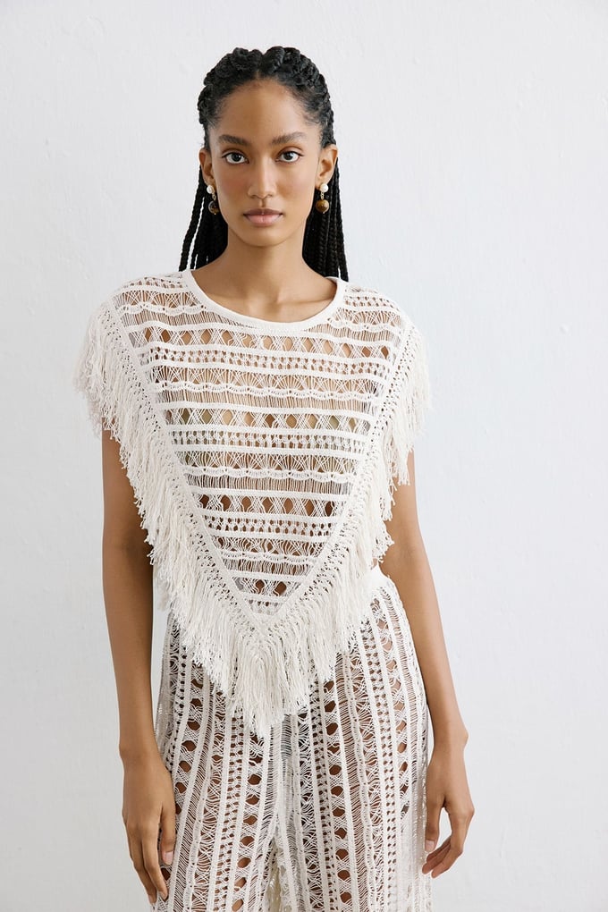 Crew Neck Fringed Ecru Blouse