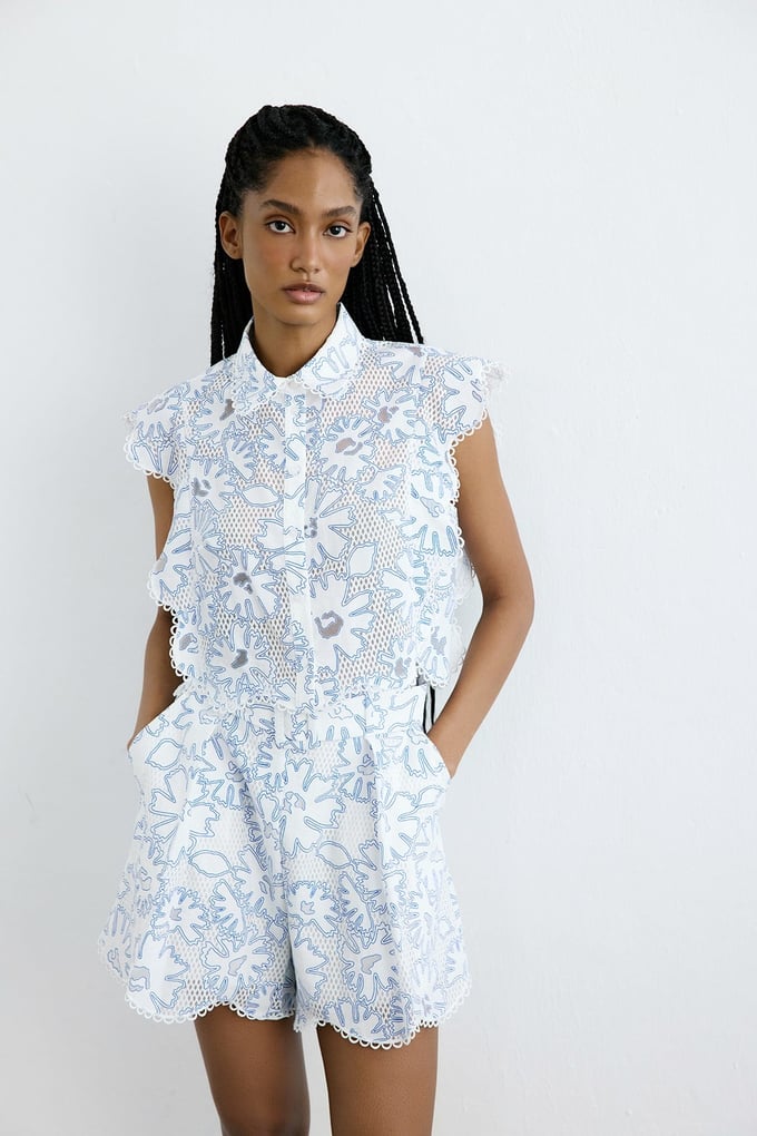 Shirt Collar Ruffled Cropped Blue Shirt
