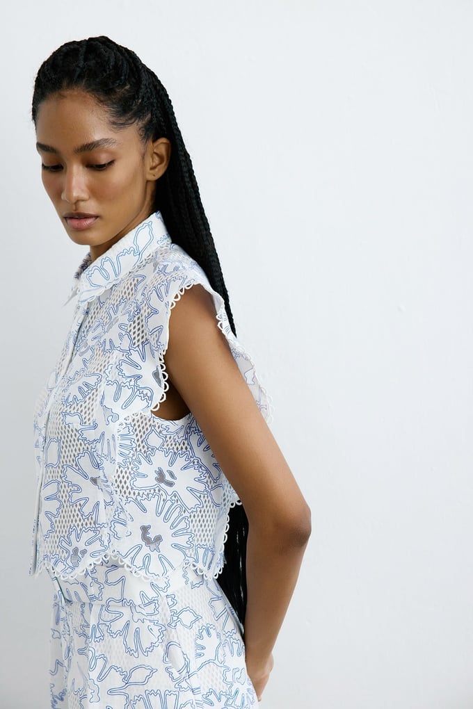 Shirt Collar Ruffled Cropped Blue Shirt