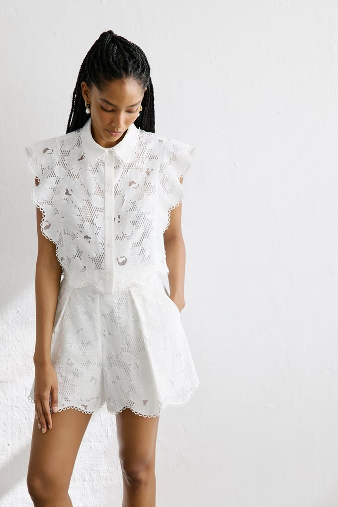Shirt Collar Ruffled Cropped White Shirt