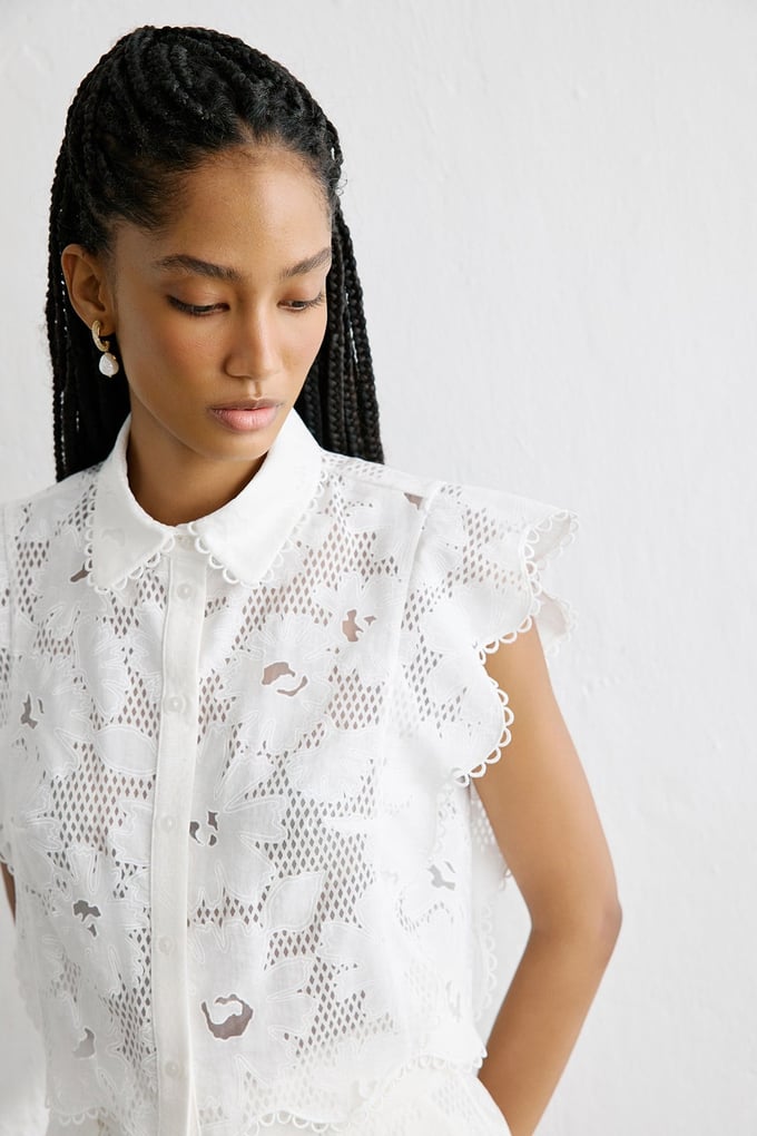 Shirt Collar Ruffled Cropped White Shirt