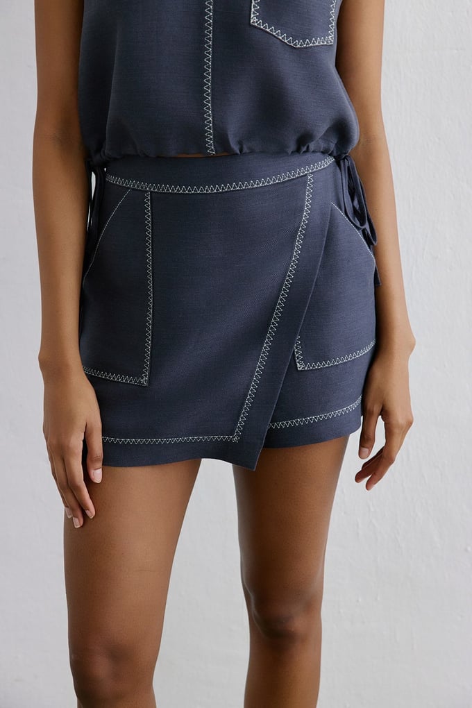 Linen Blend High Waist Indigo Shorts