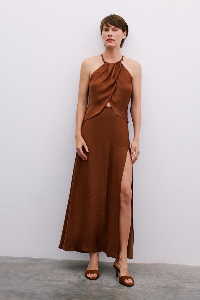 Accessory Detailed Halter Neck Brown Crop Blouse