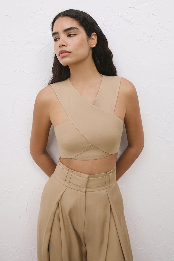 Back Zippered Double Breasted Crop Camel Bustier