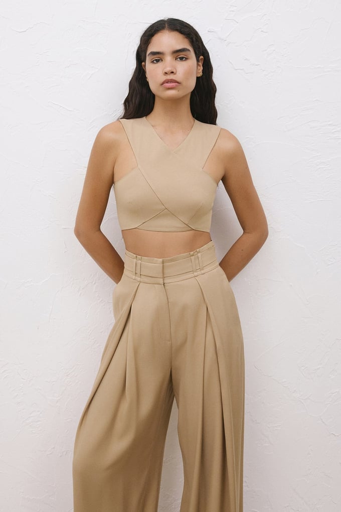 Back Zippered Double Breasted Crop Camel Bustier