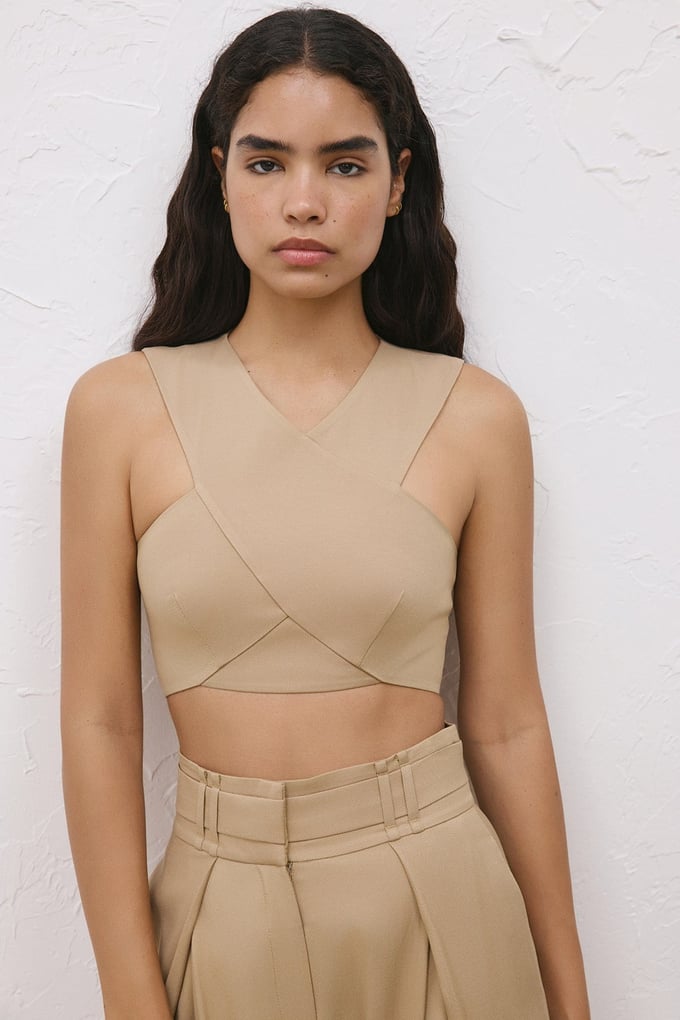 Back Zippered Double Breasted Crop Camel Bustier