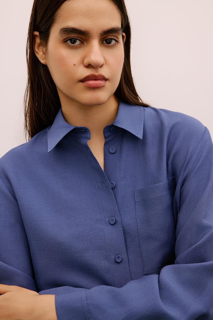 Asymmetric Detailed Long Indigo Shirt