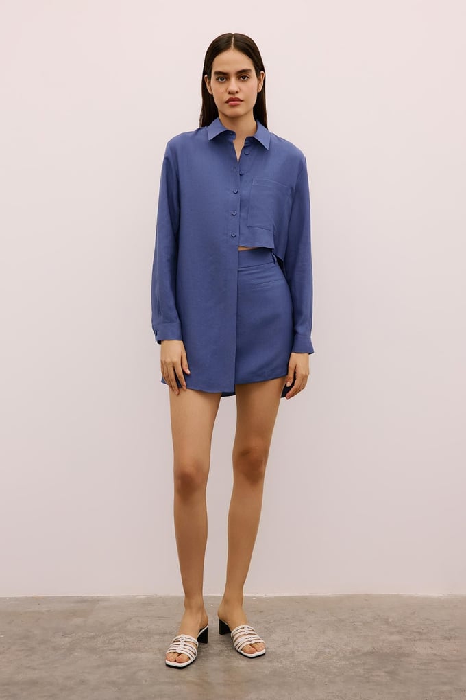 Asymmetric Detailed Long Indigo Shirt